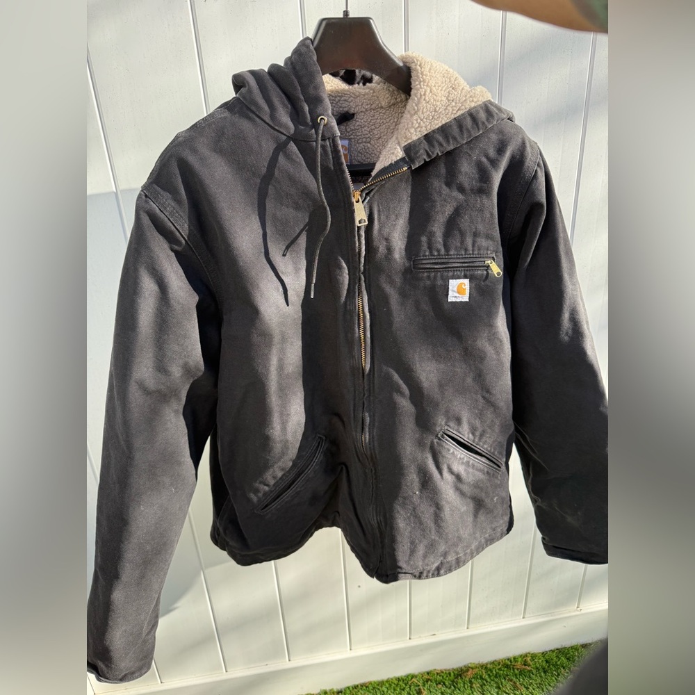 Carhartt Jacket Mens XXL Black Sherpa Lined Canvas Workwear Hooded 2XL